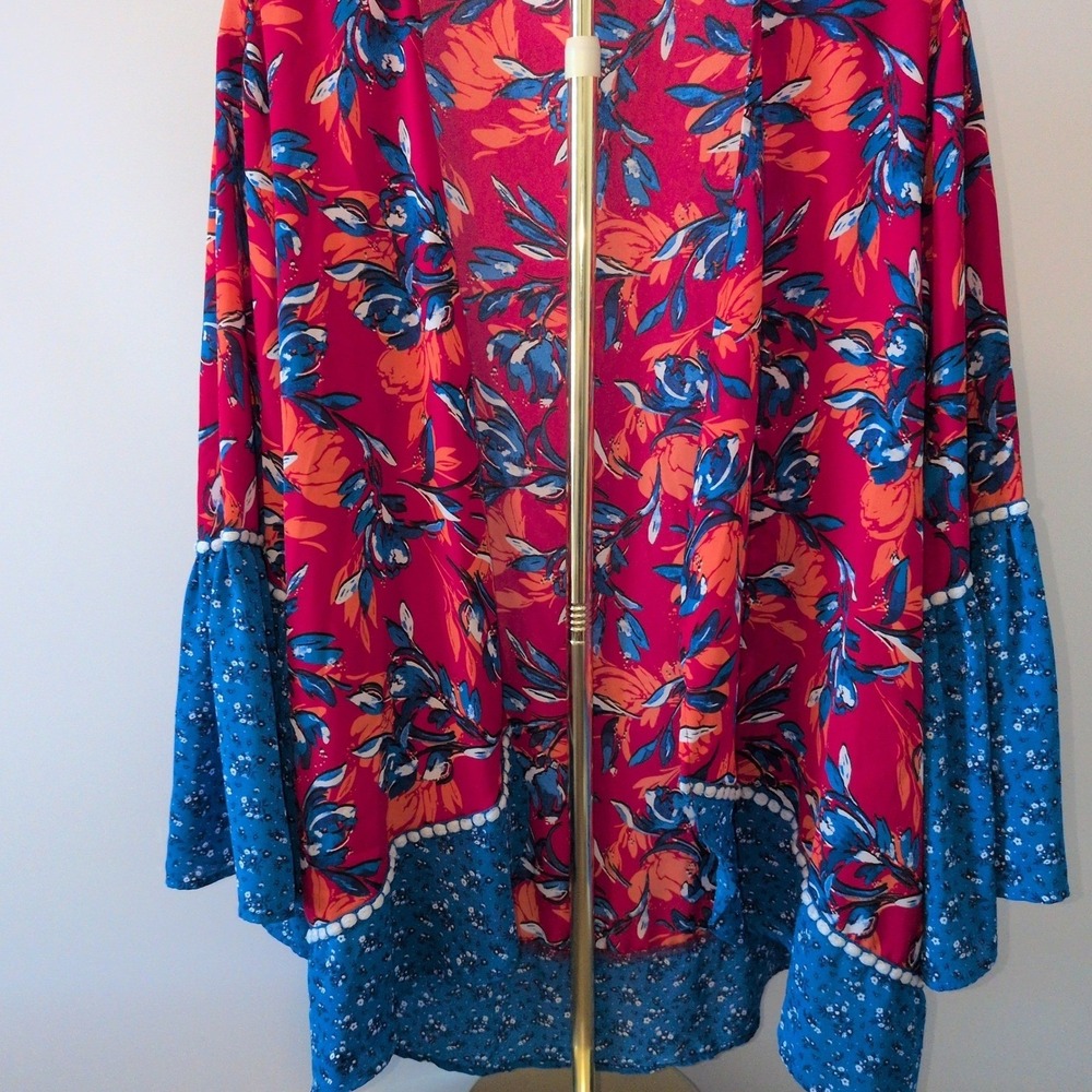 The Pioneer Woman Kimono Women L/XL Pink Floral Bell Sleeve Pom Pom Boho Wrap
